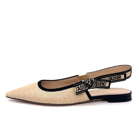 DIOR J'ADIOR Embroidered Cotton Flat Slingback Bow Sandals Shoes Straw - Picture 1 of 14